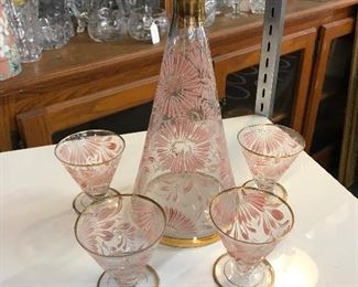 Love this  Vintage Decanter and 4 glasses - Unusual to find this color of pink and gold