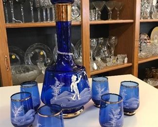 Mary Gregory Cobalt Blue and Gold Decanter and 6 glasses