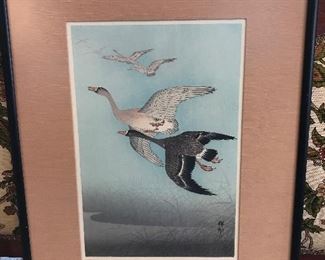 Color Print by Shoson Ohara "Wild Geese Flying Over Reeds"
