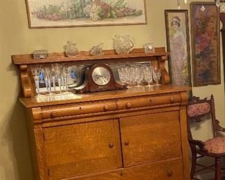 Antique quarter sawn oak empire server buffet with mirror, antique clock, Waterford crystal, Victorian ladies shoes and stand