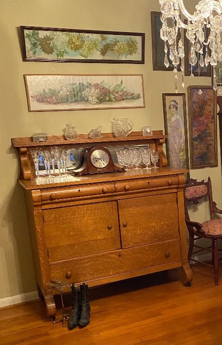 Antique quarter sawn oak empire server buffet with mirror, antique clock, Waterford crystal, Victorian ladies shoes and stand