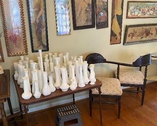 Milk glass vases, antique yard long prints, Victorian courting bench
