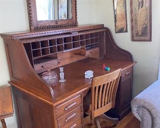 Antique roll top desk and chair, barley twist oak mirror