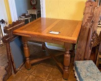 Antique oak dining table, cross trestle, pull out leaves
