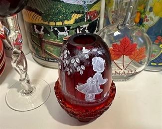 Fenton hand painted Fairy Lamp, signed 