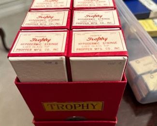 Trophy 20cc glass syringes brand new in boxes with coa… I guess when it was normal to reuse syringes? Interesting. 