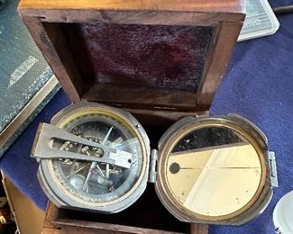Antique multi-tool compass mirror level combo in wooden box