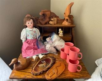 Antique doll and desk, hand carved wood items, Fiesta coffee mugs