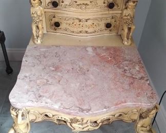 Amazing pair hand painted pink marble cherub decorated end tables 