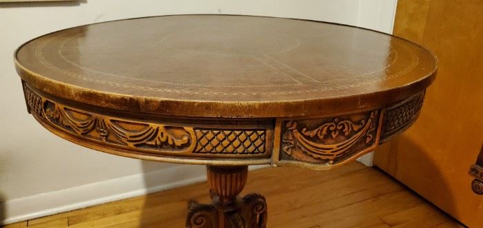 Antique, table. Leather top.