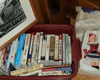 Books, framed matted Wrigley Field portrait, Czechoslokian dolls ( native costumes)