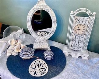 Cast Iron Mirror, Pottery, Clock, Seashells etc.