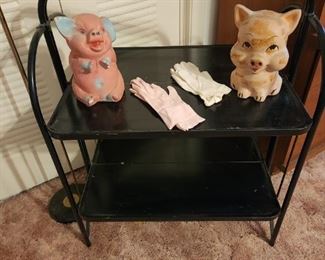 Folding shelf and vintage chalkware piggy banks