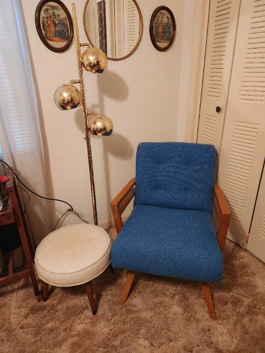 Mid century modern foot stool, brass lamp and  chair