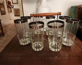 Mid century glass and caddy set