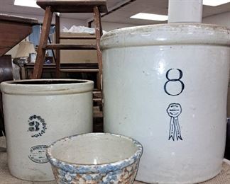 Crocks and stoneware. Buckeye Pottery crocks. 8 gal. (small hairlines) and 3 gal. w/ 3 blue glazed stamp and mis-stamped on back