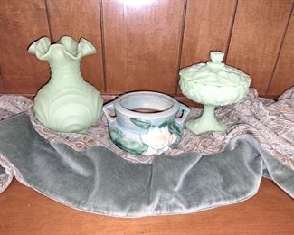 Roseville,  Fenton Swirl satin glass and2 pcs. Water Lily candy dish