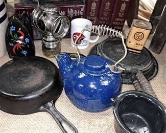 Griswold skillet, cast iron blue speckle tea pot, C and B coated cast iron pot