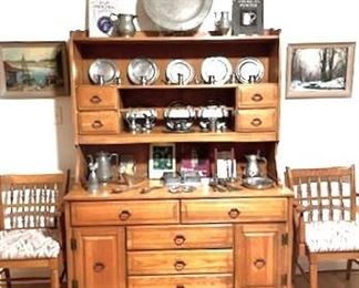 Maple Hutch Cupboard Buffet; Vintage English & American Pewter; Paintings by E. L Sumner