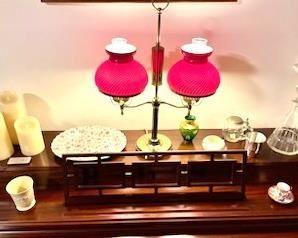 Vintage  Double Brass Student Lamp with  Burgundy Ribbed Shades