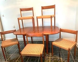 Mid Century Teak Dining Table with Leaf & 5 Chairs