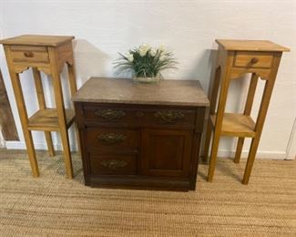 Pair of pine end tables and marble top chest