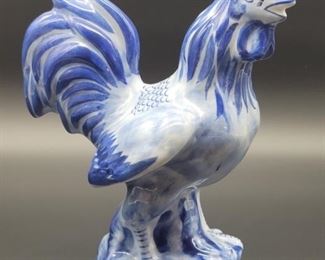 Blue & White Ceramic Rooster Stands at 12in T