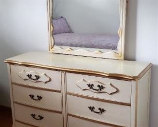 MCM French Provincial White & Gold 4pc Bedroom Set Nice little MCM French Provincial Bedroom set for a little girls room or guest bedroom. The set consists of 4 pcs. Large Dresser with attached mirror, 1 nitestand & a twin Headboard, footboard and side rails. All drawers are dove tailed! Price does NOT include mattress & box but will sell the pair for an addition $100. Here are measurements: Dresser: 49"W x 17"D x 32.25"H Mirror: 30.75" x 39"H, Nitestand: 15.5"W x 13.5"D x 24"H, Headboard: 40.25"W x 37.5"H Asking $795 for 4 pcs          $100 for Mattress & Box