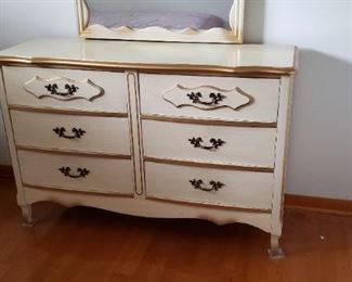 MCM French Provincial White & Gold 4pc Bedroom Set Nice little MCM French Provincial Bedroom set for a little girls room or guest bedroom. The set consists of 4 pcs. Large Dresser with attached mirror, 1 nitestand & a twin Headboard, footboard and side rails. All drawers are dove tailed! Price does NOT include mattress & box but will sell the pair for an addition $100. Here are measurements: Dresser: 49"W x 17"D x 32.25"H Mirror: 30.75" x 39"H, Nitestand: 15.5"W x 13.5"D x 24"H, Headboard: 40.25"W x 37.5"H Asking $795 for 4 pcs          $100 for Mattress & Box