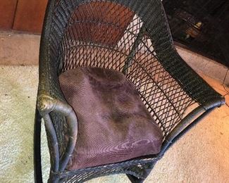 Close Up View Of Wicker Antique Rocker From The Family Boathouse Circa 1929-1931. THE BEMIS RIDDELL FIBRE CO. IN SHEBOYGAN, WIS., WAS COMMISSIONED IN 1929-1931 TO MANUFACTURE THE FAMILY WICKER COLLECTION OF FURNITURE - RARE ORIGINAL UPOLSTERY IN TAPESTRY DESIGNS