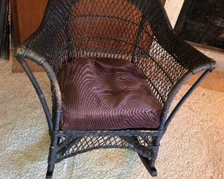 Wicker Antique Rocker From The Boathouse Circa 1929-1931. THE BEMIS RIDDELL FIBRE CO. IN SHEBOYGAN, WIS., WAS COMMISSIONED IN 1929-1931 TO MANUFACTURE THE FAMILY WICKER COLLECTION OF FURNITURE - RARE ORIGINAL UPOLSTERY IN TAPESTRY DESIGNS