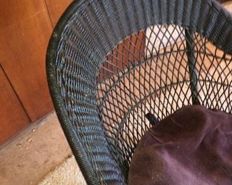 Top View Of This Quality Ornate Side Direct Close Up Of Wicker Antique Rocker With Original Upholstery From The Family Boathouse Circa 1929-1931. THE BEMIS RIDDELL FIBRE CO. IN SHEBOYGAN, WIS., WAS COMMISSIONED IN 1929-1931 TO MANUFACTURE THE FAMILY WICKER COLLECTION OF FURNITURE - RARE ORIGINAL UPOLSTERY IN TAPESTRY DESIGNS