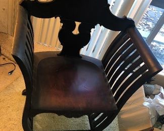 PERIOD ORNATE MAHOGANY ARMCHAIR WITH WOOD SECTIONAL ARMS AND HIGHLY CARVED CREST BACK