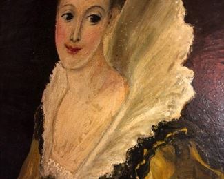 Close Up View Of Antique Oil Painting On Board Of A Royal Family Lady