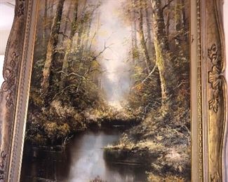 Full View Of A Family Quality Antique Landscape Water Scene In Ornate Gold Frame