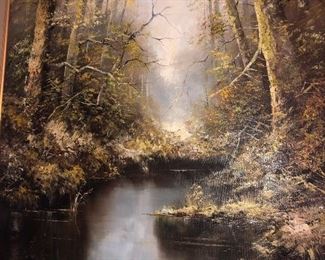 Close Up Full View Of A Family Quality Antique Landscape Water Scene In Ornate Gold Frame