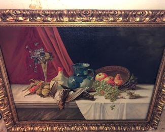 Antique Oil Paintings On Canvas Of StillLife WIth Ornate Wooden Musuem Quality Frame