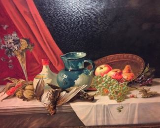 Close Up VIew Of Antique Oil Paintings On Canvas Of StillLife WIth Ornate Wooden Musuem Quality Frame