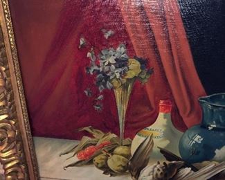 Close Up VIew Of Antique Oil Paintings On Canvas Of StillLife WIth Ornate Wooden Musuem Quality Frame