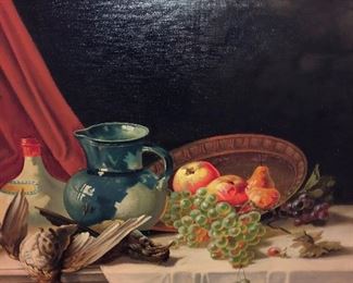 Close Up VIew Of Antique Oil Paintings On Canvas Of StillLife WIth Ornate Wooden Musuem Quality Frame