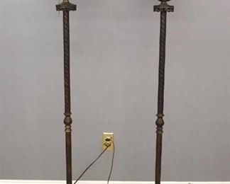 RARE PERIOD BRONZE TORCH LIGHTS WITH FISHER SHIP LOGO - BLUE STAINED GLASS AND WORK EXCELLENT - MINT CONDITION NO DAMAGE