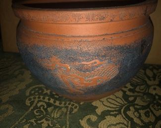 Side View Of This View Of This Chinese Antique Ornate Crafted Clay Large Clay Vase With Dragon