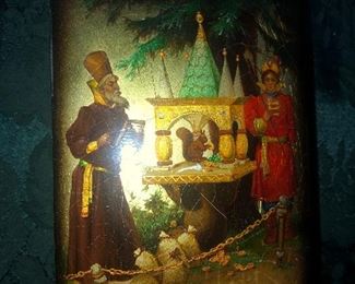 Close Up View Of Russian Hand Painted Signed Lacquer Box Peter The Great & Wife In St. Petersburg, Russia & Signed In Left Hand Lower Corner
