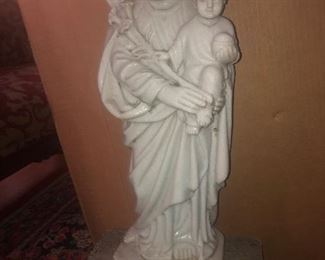 FULL VIEW OF GREEK RELIGIOUS ANTIQUE MARBLE SCULPTURE 20" H NOT INCLUDING CEMENT CAS PEDESTAL WITH NO DAMAGE SET IN CONCRETE