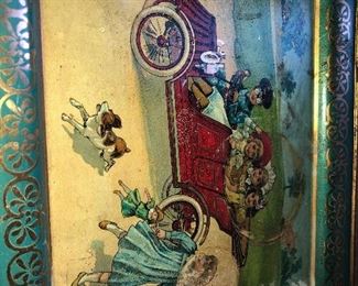 Victorian Serving Advertisement Tray With Vehicle Driver, 2 girls with dolls and running dog.