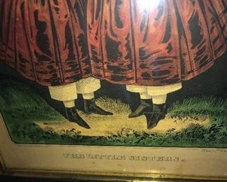 American Empire Period Circa 1820-1830's Currier & Ives Stone Lithograph Print Of Two Sisters