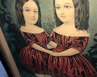 Close Up View Of American Empire Period Circa 1820-1830's Currier & Ives Stone Lithograph Print Of Two Sisters