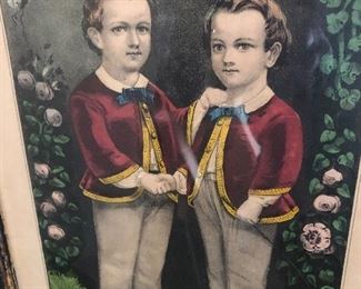 American Empire Rare Currie & Ives Portrait Of Two Brothers Circa 1820-1830 - Stone Lithograph Of Outstanding Colors