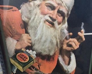 Close Up View Of Original Vintage Lucky Strike Cigerette Santa Claus Advertisement In Its Original Ornate Frame