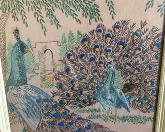 Rare Family Hand Crafted Needlepointe With Peacock BIrd Designs In Its Original Frame